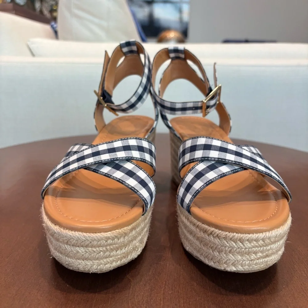 NWOT J. Crew Gingham flatform espadrilles Wedges, Size 8